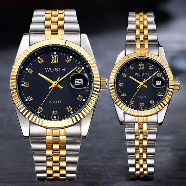 Luxury His/Hers Stainless Steel Quartz Pair of Watches - Black/Gold/Silver