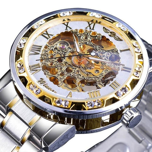 Ultra Luxury Diamond Design Mechanical Steel Skeleton Watch - White/Steel
