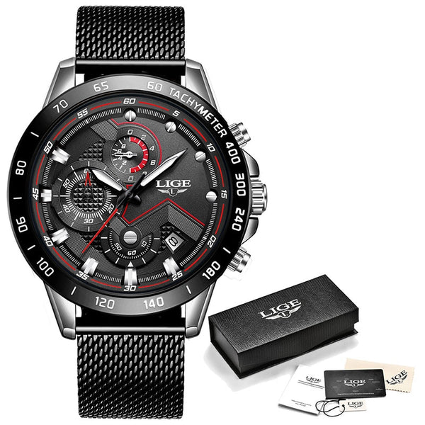 Luxury Waterproof Steel Chronograph Mesh Band Watch - Black