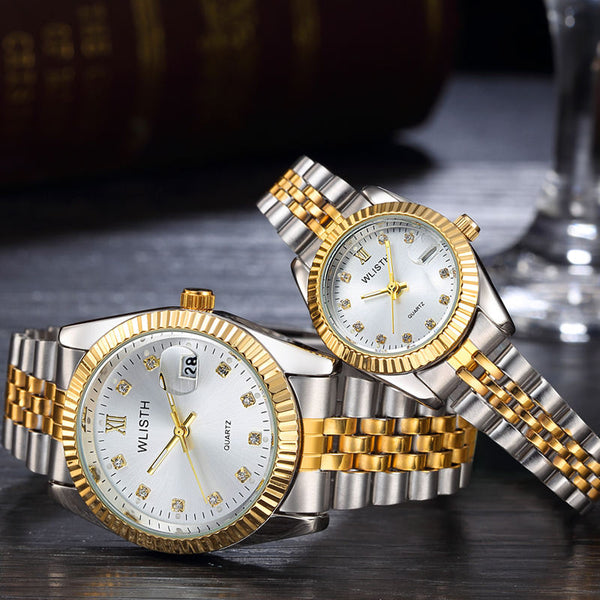 Luxury His/Hers Stainless Steel Quartz Pair of Watches - Silver/Gold/Silver