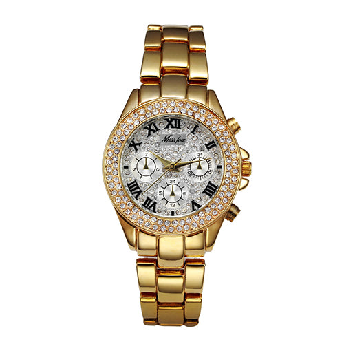 Luxury Diamond-Style Chronograph-Look Steel Band Watch - Gold/Silver
