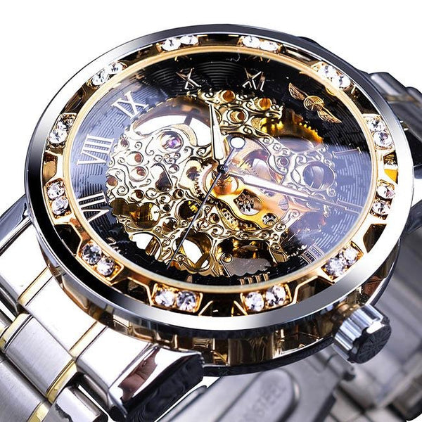 Ultra Luxury Diamond Design Mechanical Steel Skeleton Watch - Black/Steel