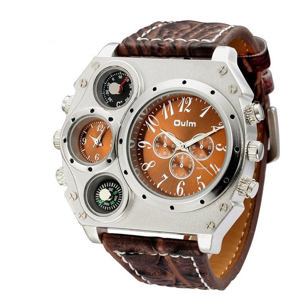 Unique Big Face Multi Time Zone Military Watch - Brown