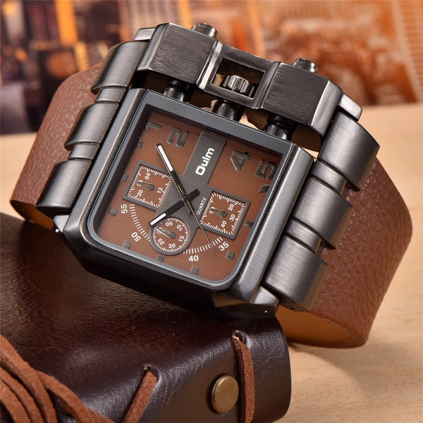 Unique Big Face Quartz Stainless Steel Watch - Brown