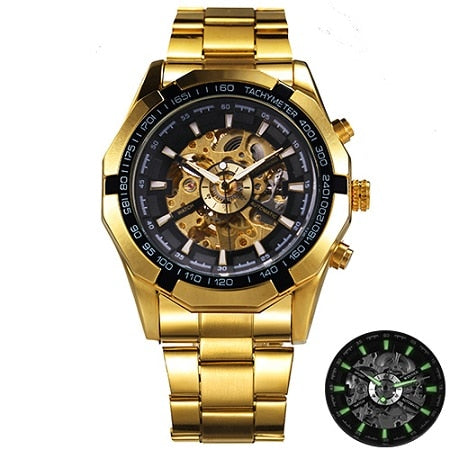 Ultra Luxury Mechanical Steel Skeleton Watch - Gold/Black/Gold