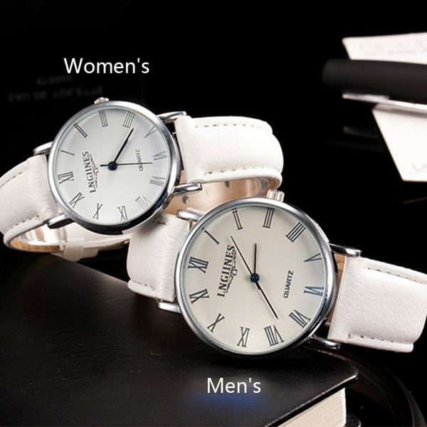 His/Hers Steel Watch Leather Band Pair of  Watches - White/White