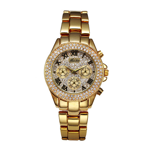 Luxury Diamond-Style Chronograph-Look Steel Band Watch - Gold/Gold