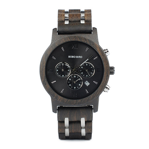 Luxury Wood & Steel Chronograph Watch - Black