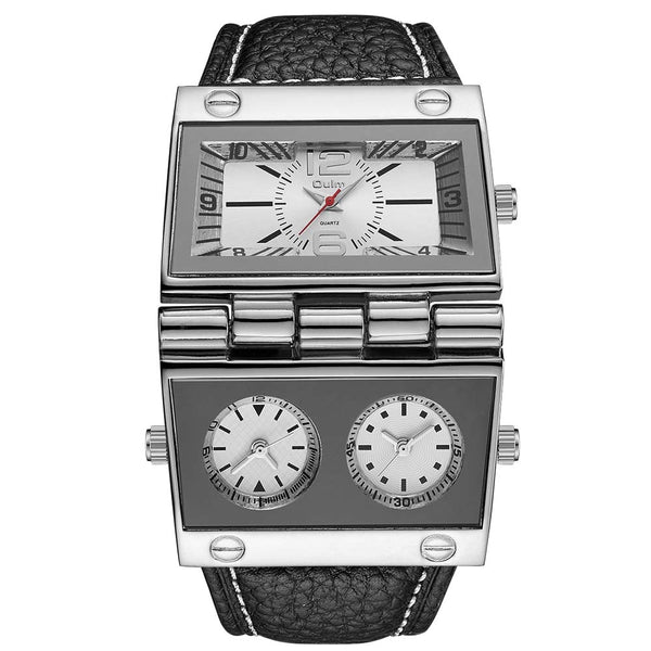 Unique 3 Time Zone Steel Military Big Face Watch - White