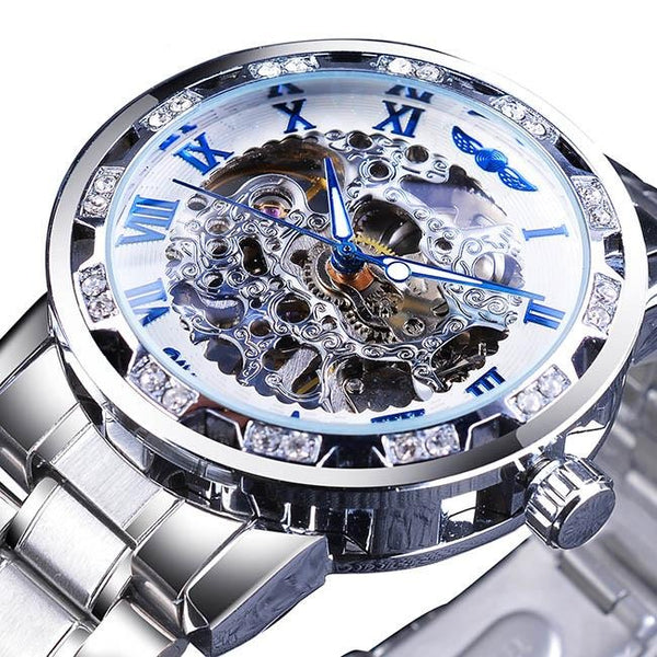 Ultra Luxury Diamond Design Mechanical Steel Skeleton Watch - Steel/Blue/Steel