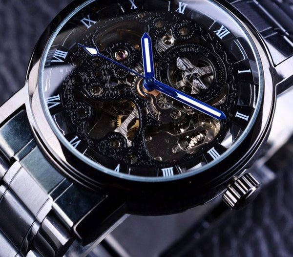 Ultra Luxury Steel Mechanical Skeleton Watch - Black/Blue