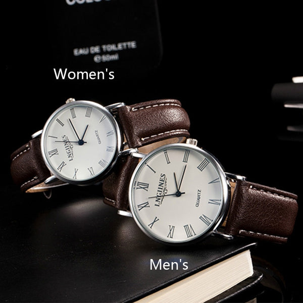 His/Hers Steel Watch Leather Band Pair of  Watches - White/Brown