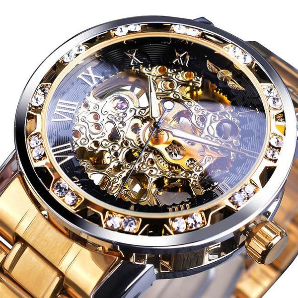 Ultra Luxury Diamond Design Mechanical Steel Skeleton Watch - Gold/Black/Gold