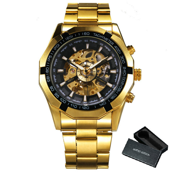Ultra Luxury Mechanical Steel Skeleton Watch - Gold/Black/Gold