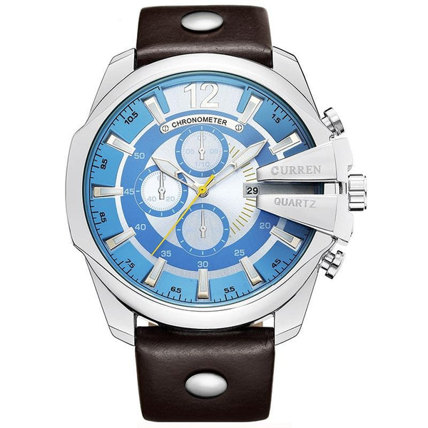 Luxury Quartz Chronograph Leather Watch - Blue/Steel/Brown
