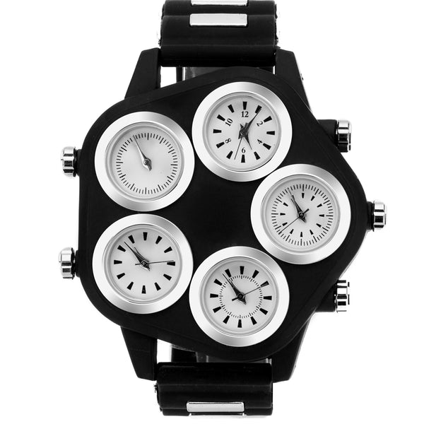 Unique Five Time Zone Silicone Quartz Watch - Silver/Black