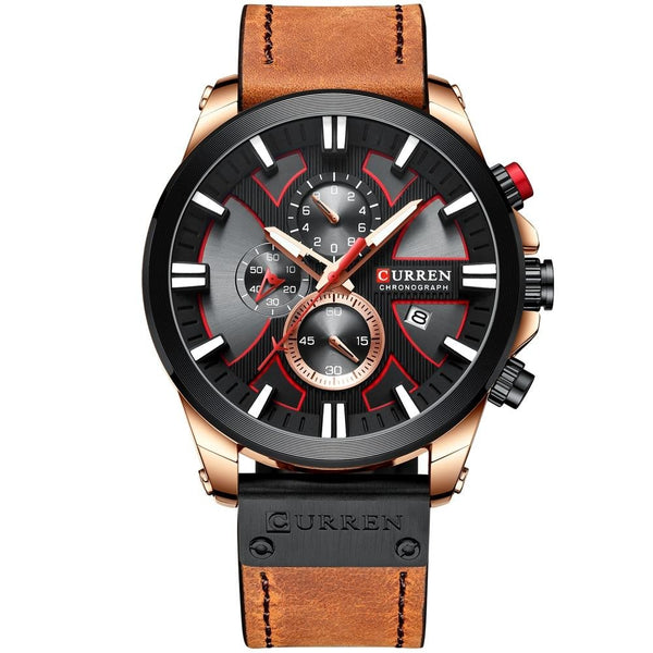Luxury Chronograph Steel Watch Leather Band - Brown