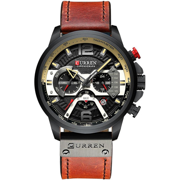 Luxury Steel Chronograph Leather Band Watch - Black/Red