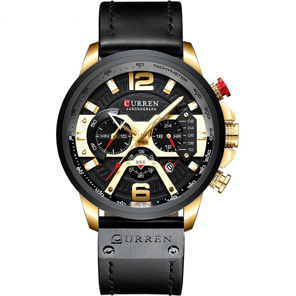 Luxury Steel Chronograph Leather Band Watch - Black/Gold/Black
