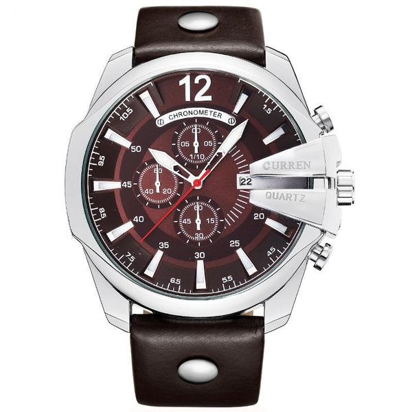 Luxury Quartz Chronograph Leather Watch - Silver/Brown