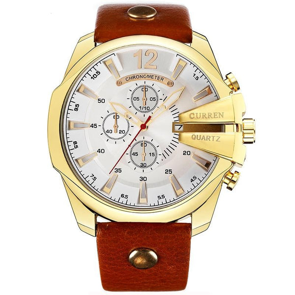 Luxury Quartz Chronograph Leather Watch - White/Gold