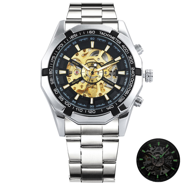Ultra Luxury Mechanical Steel Skeleton Watch - Gold/Black/Steel