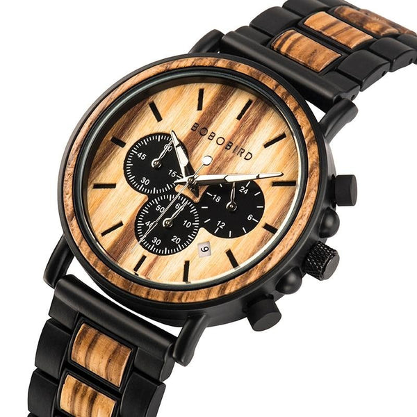 Luxury Wood Stainless Steel Chronograph Watch - Brown/Black