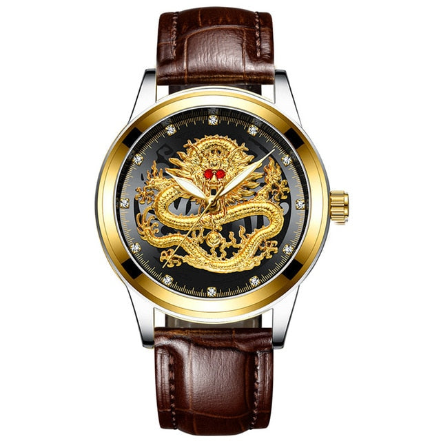 Luxury Chinese Dragon Steel Leather Band Watch - 4 Color Options