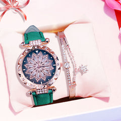 Luxury Diamond-Like Flower Quartz Leather Band Watch With Bracelet - 9 Color Options