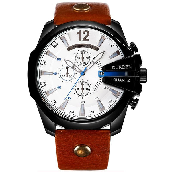 Luxury Quartz Chronograph Leather Watch - White/Black/Red