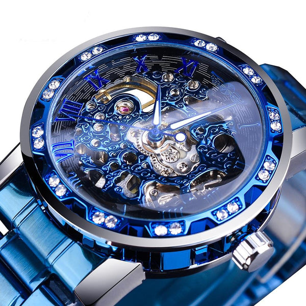 Ultra Luxury Diamond Design Mechanical Steel Skeleton Watch - Blue/Blue/Steel